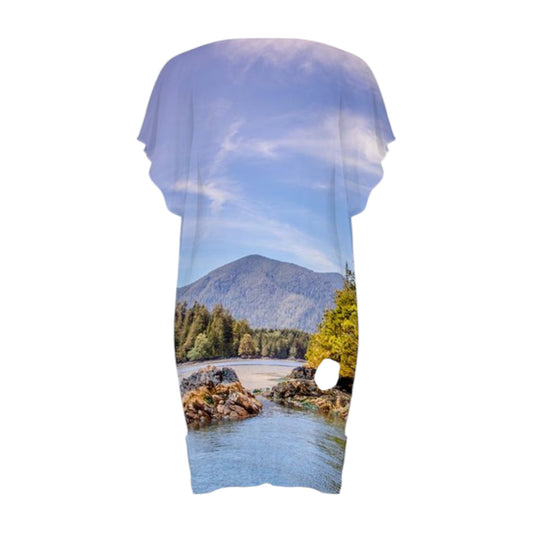 Back side All over print beach dress. Image is of Tofino Inlet.