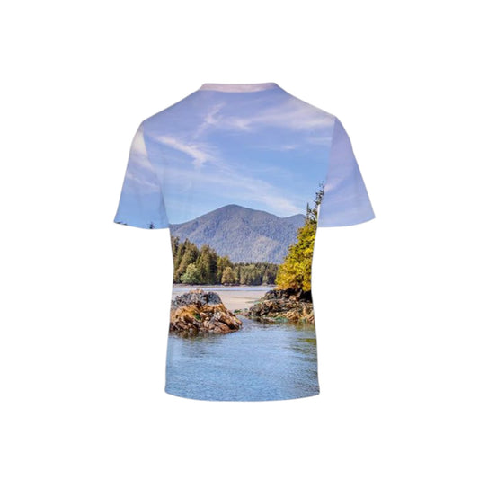 Back side of the All over print men's Vancouver Island t-shirt featuring a image of the beautiful Tofino Inlet accessible by boat.