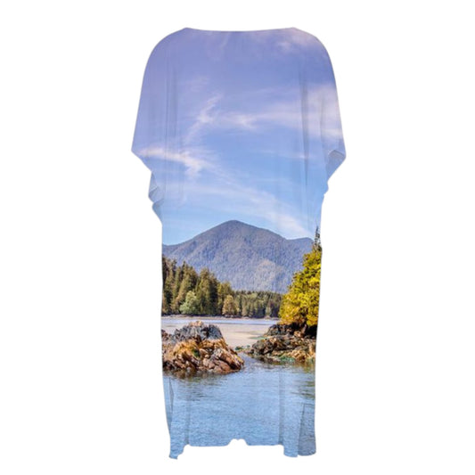 Reverse side All over print short sleeve kimono wrap featuring image of Tofino Inlet.