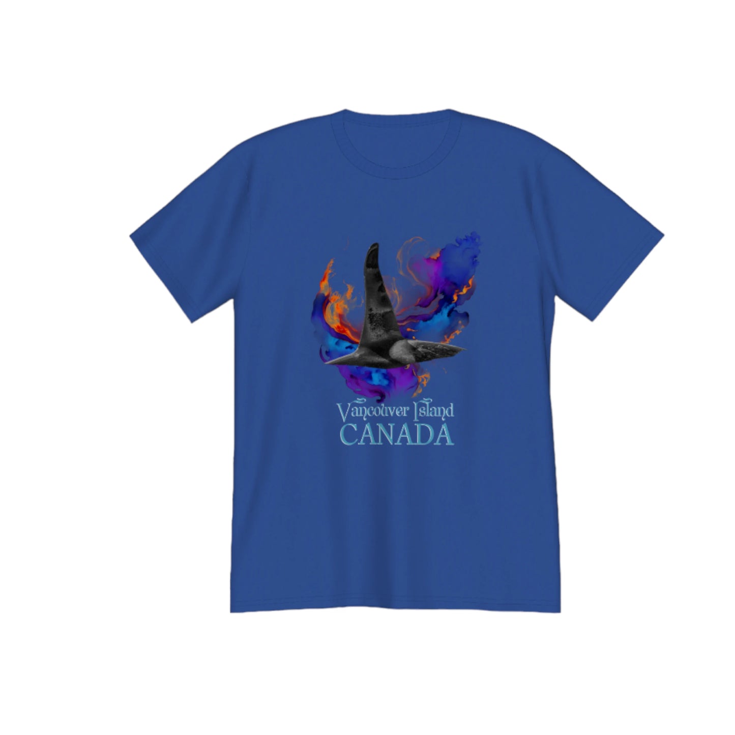 Orca Aura Vancouver Island Canada Premium Unisex t-shirt. The image on the front if of a male orca dorsal fin as it dives back into the water after taking a fresh breath of air. A abstract of colours envelops the orca. by van isle goddess dot com