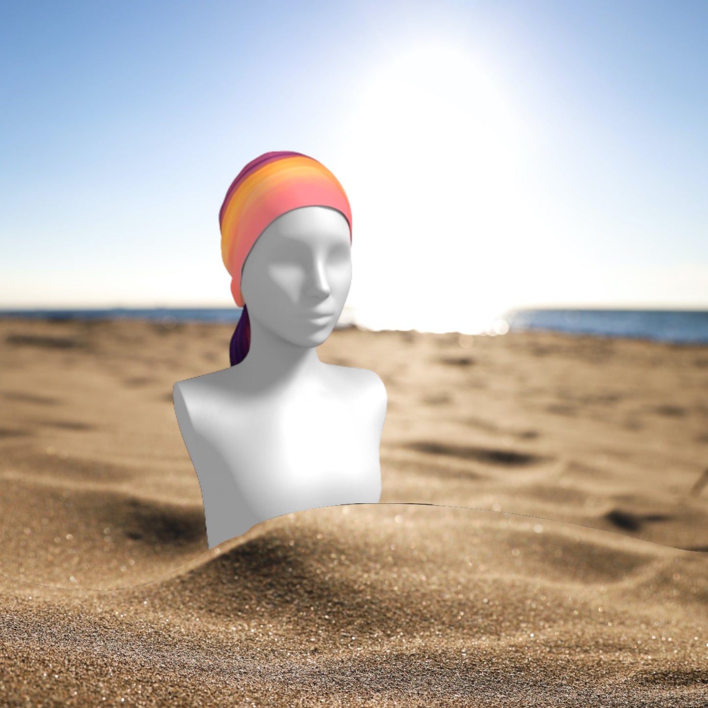 Vancouver Island sunset long scarf shown worn as a head wrap.