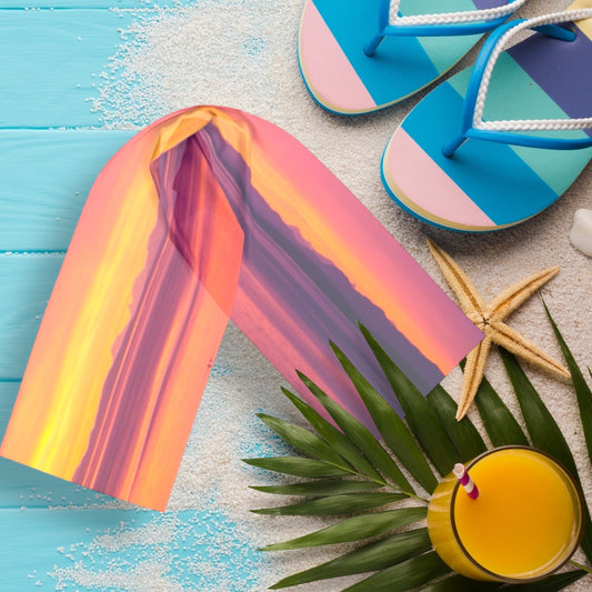 Vancouver Island sunset long scarf shown with sandals, starfish and a drink.