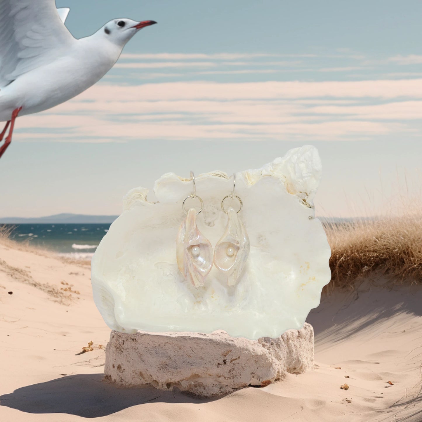 Victoria natural seashell earrings with real baby freshwater pearls.