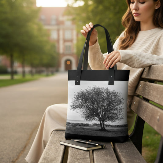 Woman holding a tote bag with a tree design on a park bench