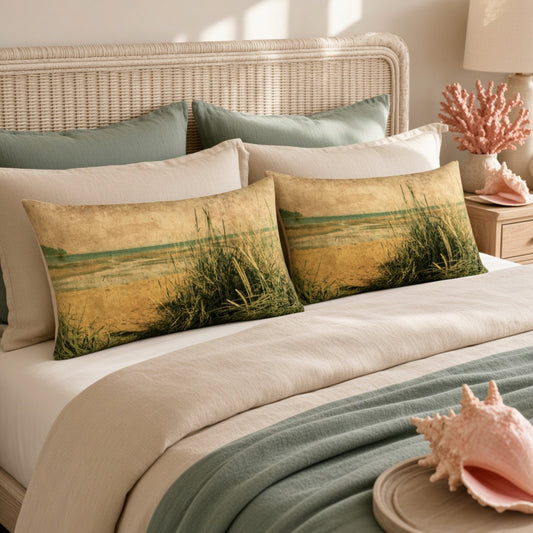 Two rectangular beach-themed throw pillows with a textured yellow sand and green grass print, styled on a bed with beige linens, a green throw blanket, and a wicker headboard.