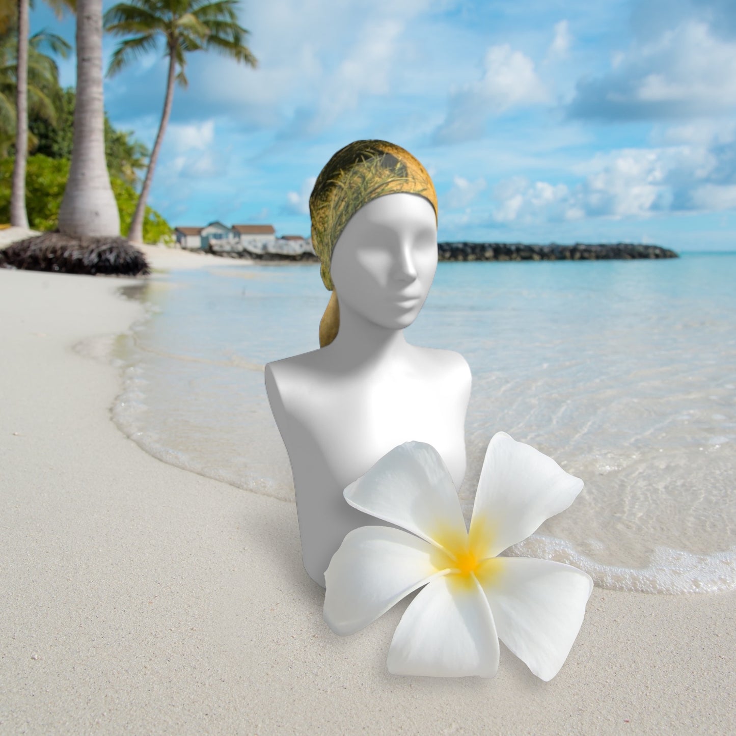 Vintage Beach long scarf shown worn as head wrap.
