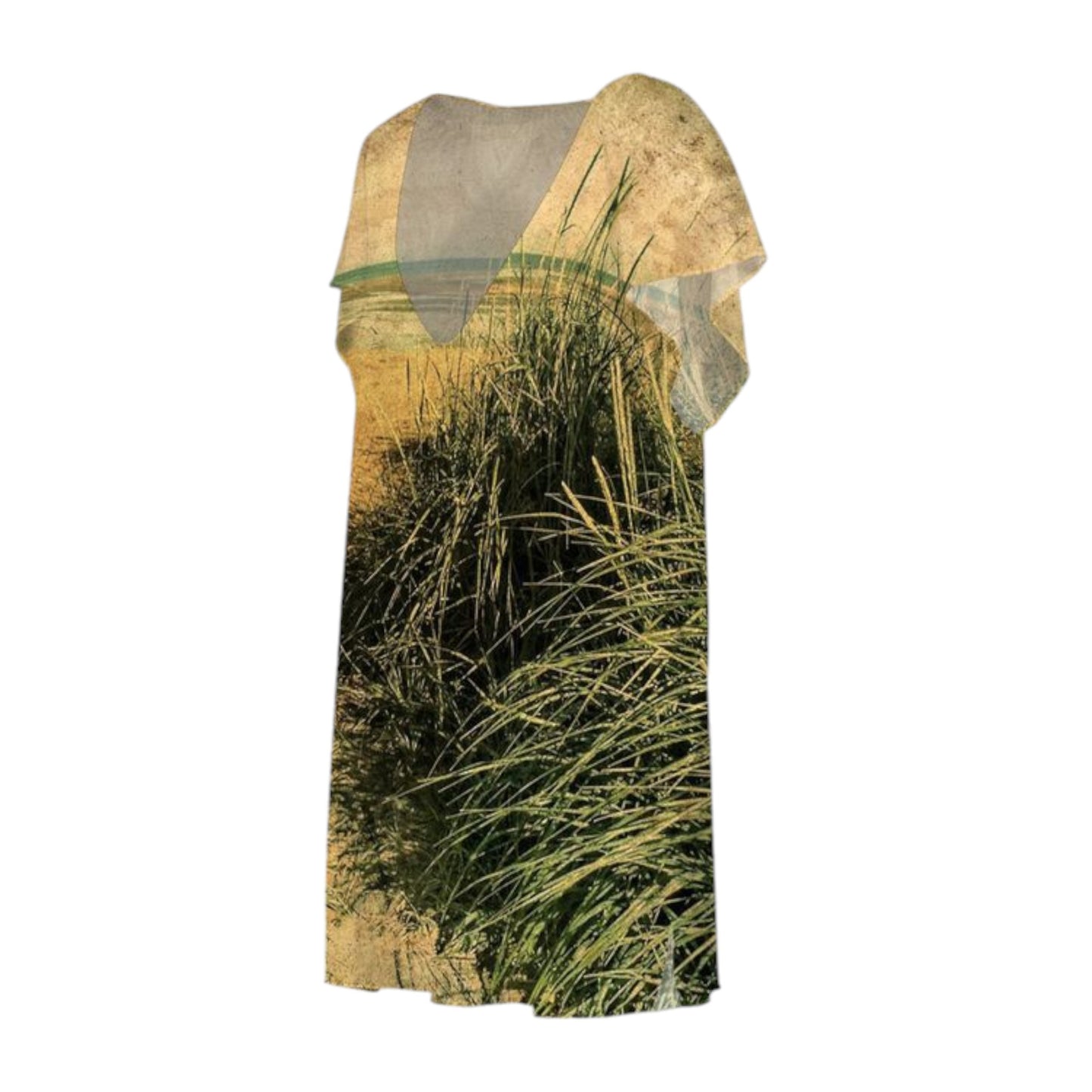 All over print beach dress featuring a nostalgic beach scene.