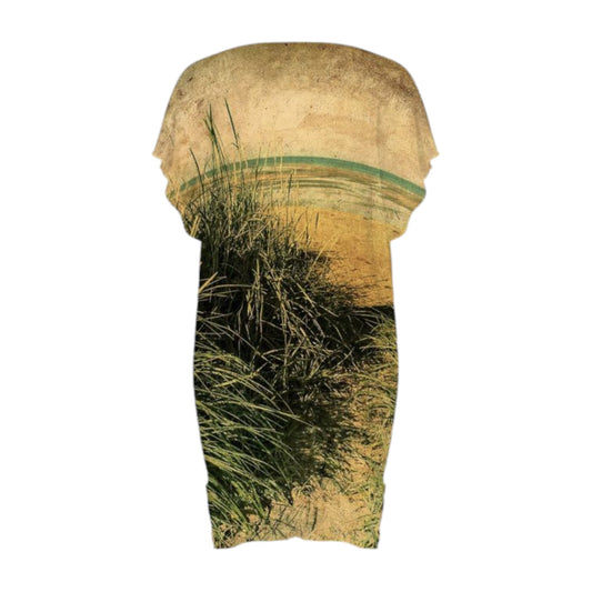 Back side All over print beach dress featuring a nostalgic beach scene.