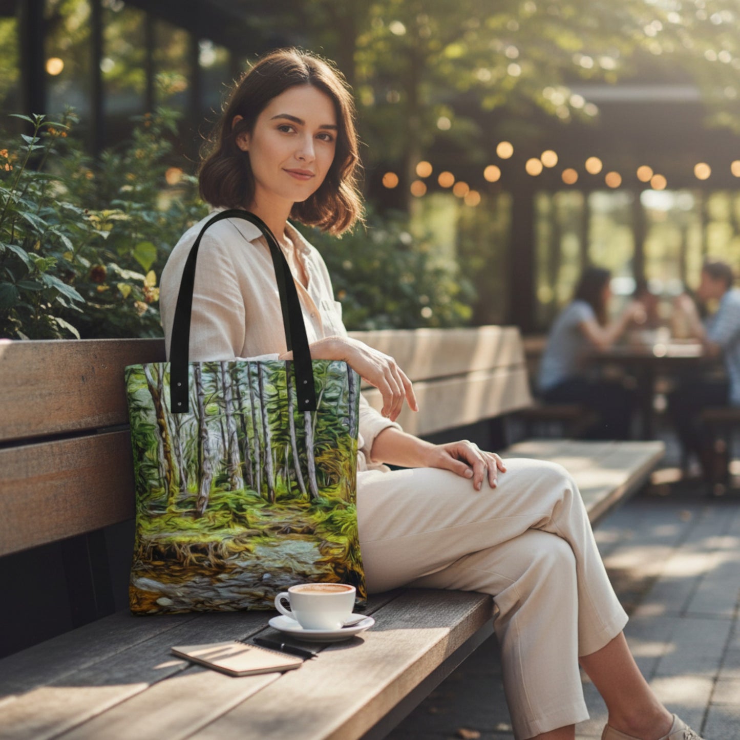 Woman sitting on a bench with a tote bag featuring a forest design, surrounded by greenery and people in the background.