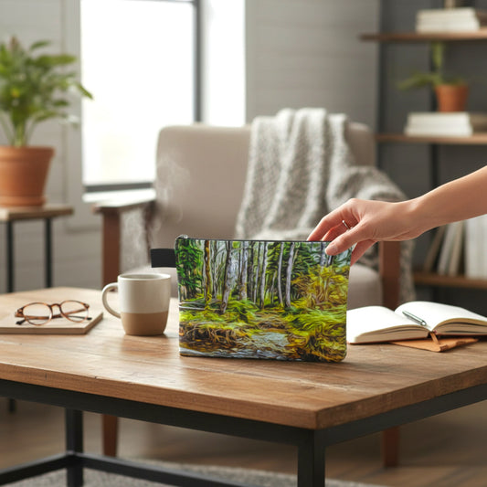 Waterbend Horne Lake Adventure Tote with model holding it upright in a living room.