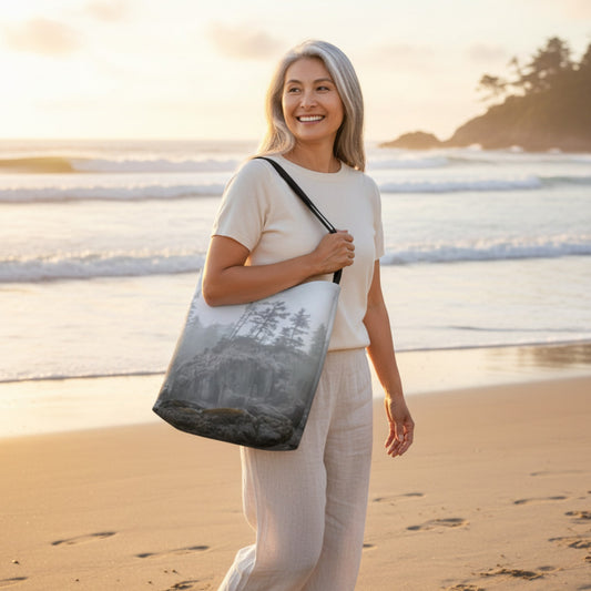 Woman holding a tote bag with a scenic design on a beach at sunset