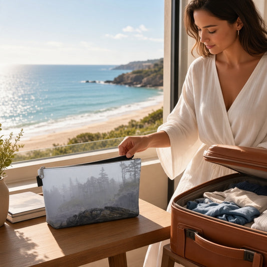 A woman in a white robe packs a brown suitcase beside a window with a scenic ocean view. She places a rectangular zip pouch with a misty forest landscape print on the table.