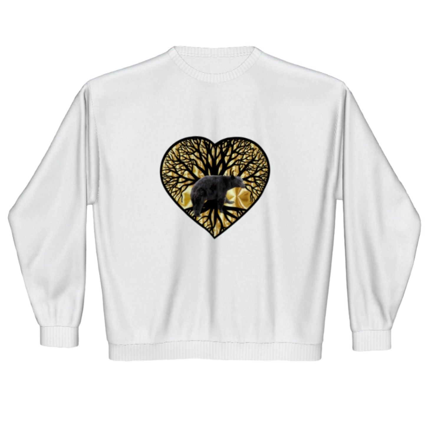 Bear Heart Premium Crewneck Sweatshirt. The image is of a heart with a tree of life and a bear with a gold background.