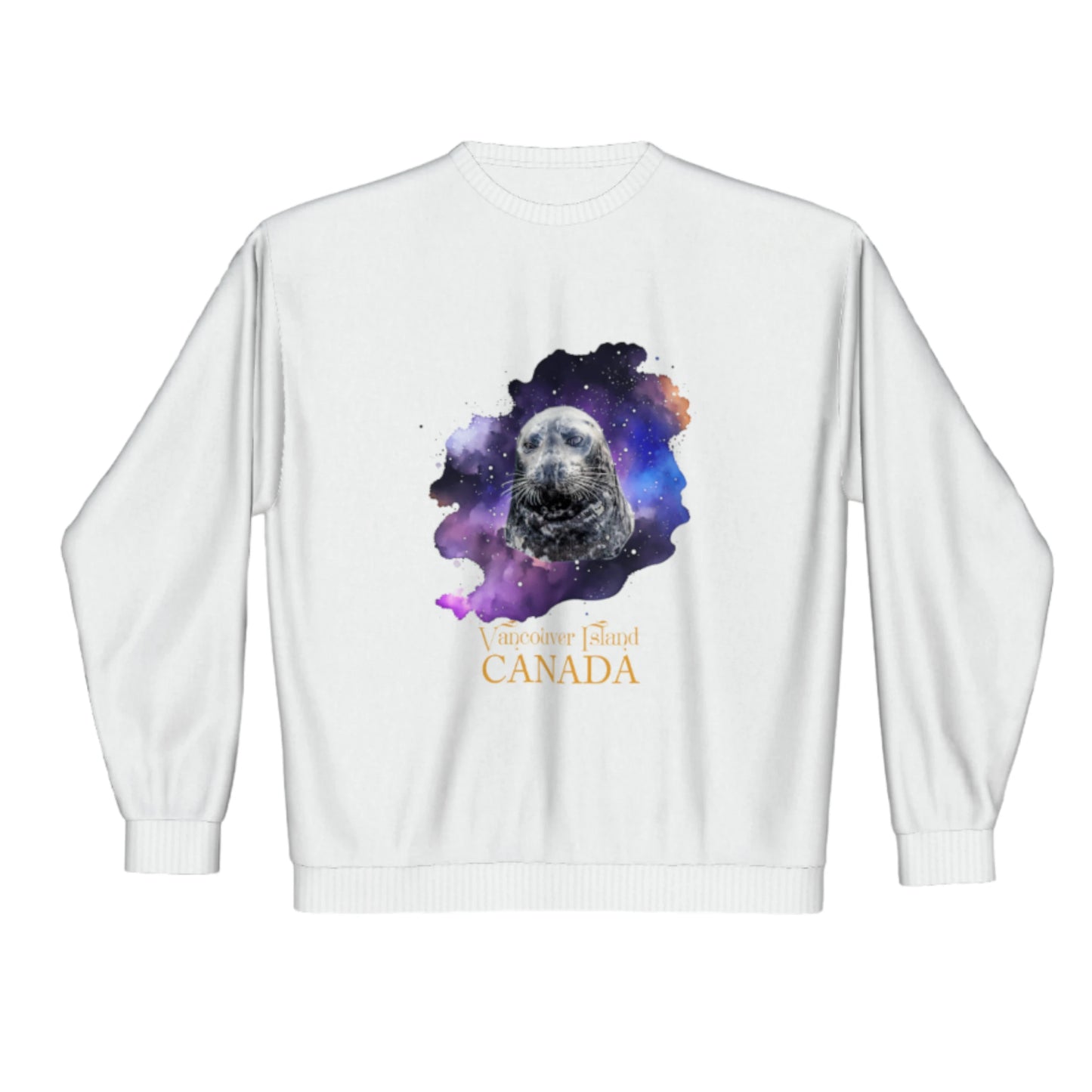 I Love Lucy Vancouver Island Canada Premium Crewneck Sweatshirt. The image is of a harbour seal with a colourful abstract background.