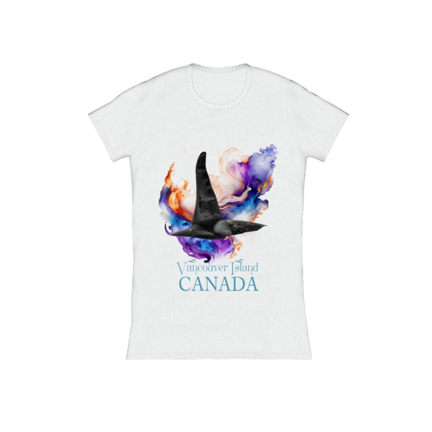 Orca Aura Vancouver Island Canada Comfort Slim Fit T-shirt. The image is of a male orca dorsal fin with an abstract of purple, blue gold background. by van isle goddess dot com