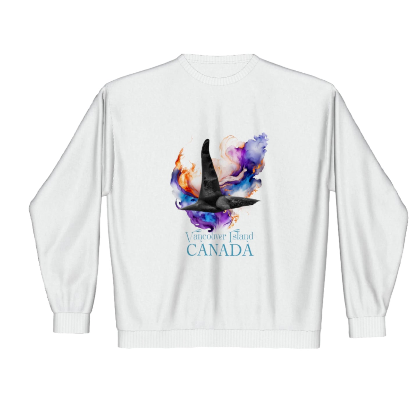Orca Aura Vancouver Island Canada premium crewneck sweatshirt. The image is of a male orca dorsal fin with colourful abstract background.
