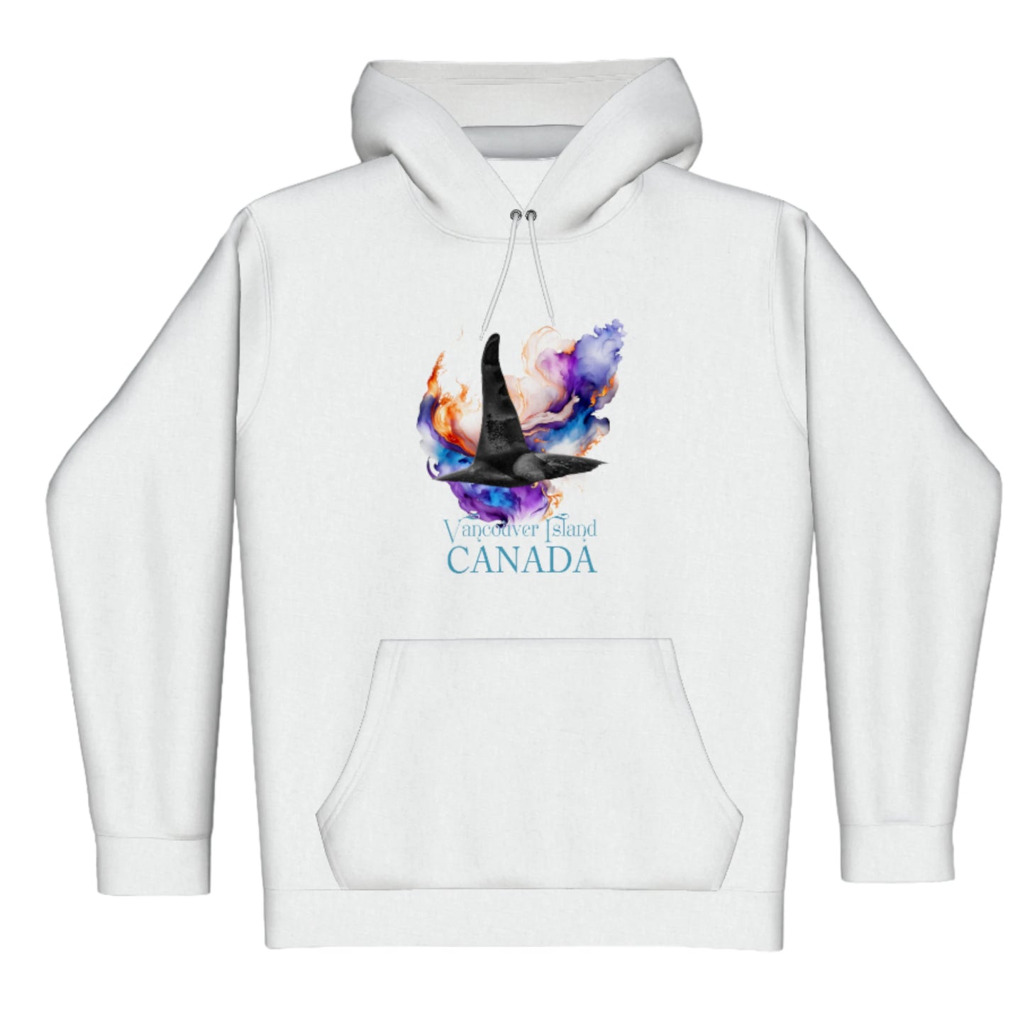 Orca Aura Vancouver Island Canada Premium Pullover Hoodie. The image is of male orca dorsal fin with a colourful abstract background. The words read Vancouver Island Canada.