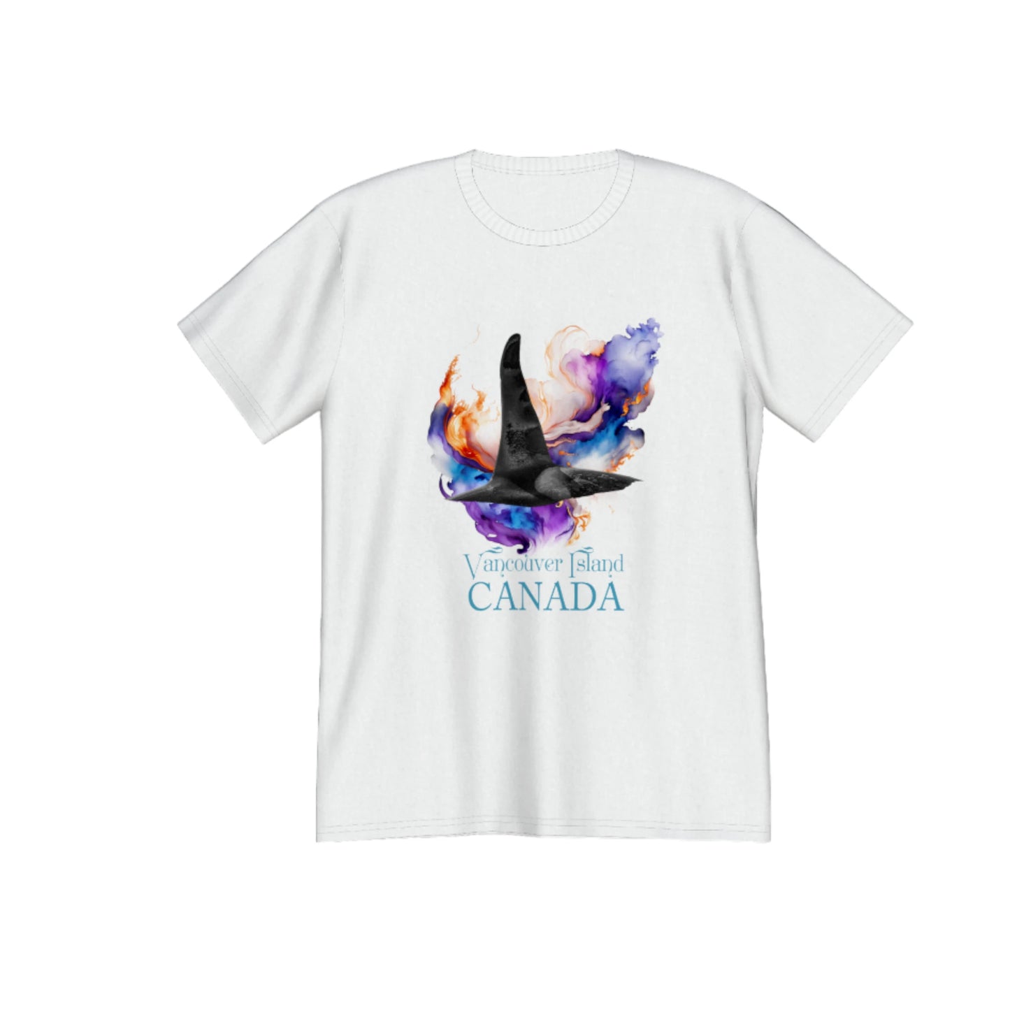 Orca Aura Vancouver Island Canada Premium Unisex t-shirt. The image on the front if of a male orca dorsal fin as it dives back into the water after taking a fresh breath of air. A abstract of colours envelops the orca. by van isle goddess dot com