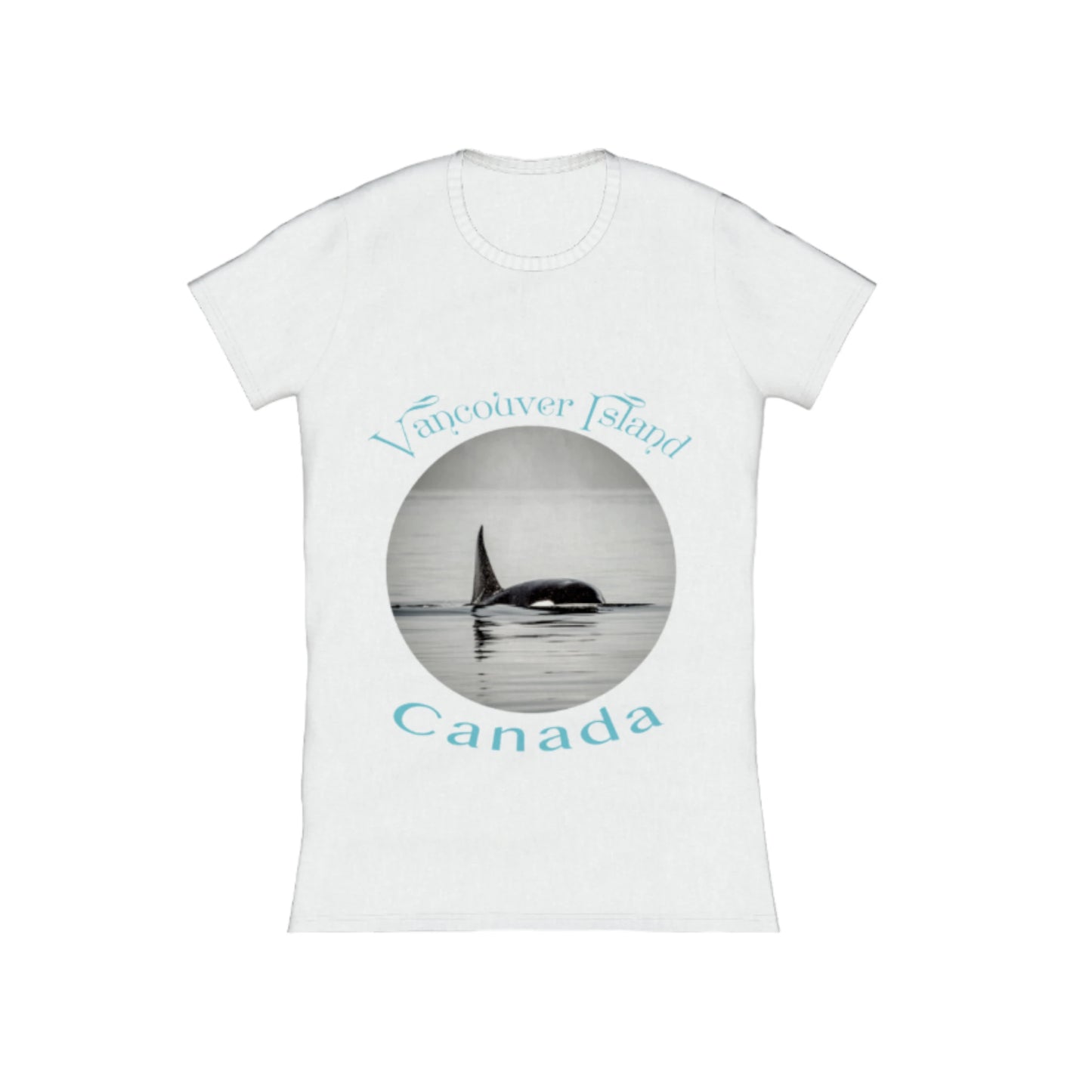 Orca Spray Vancouver Island Canada Comfort Slim Fit T-shirt. The image on the front of the t shirt is a orca in the ocean . The words on the shirt read vancouver island canada