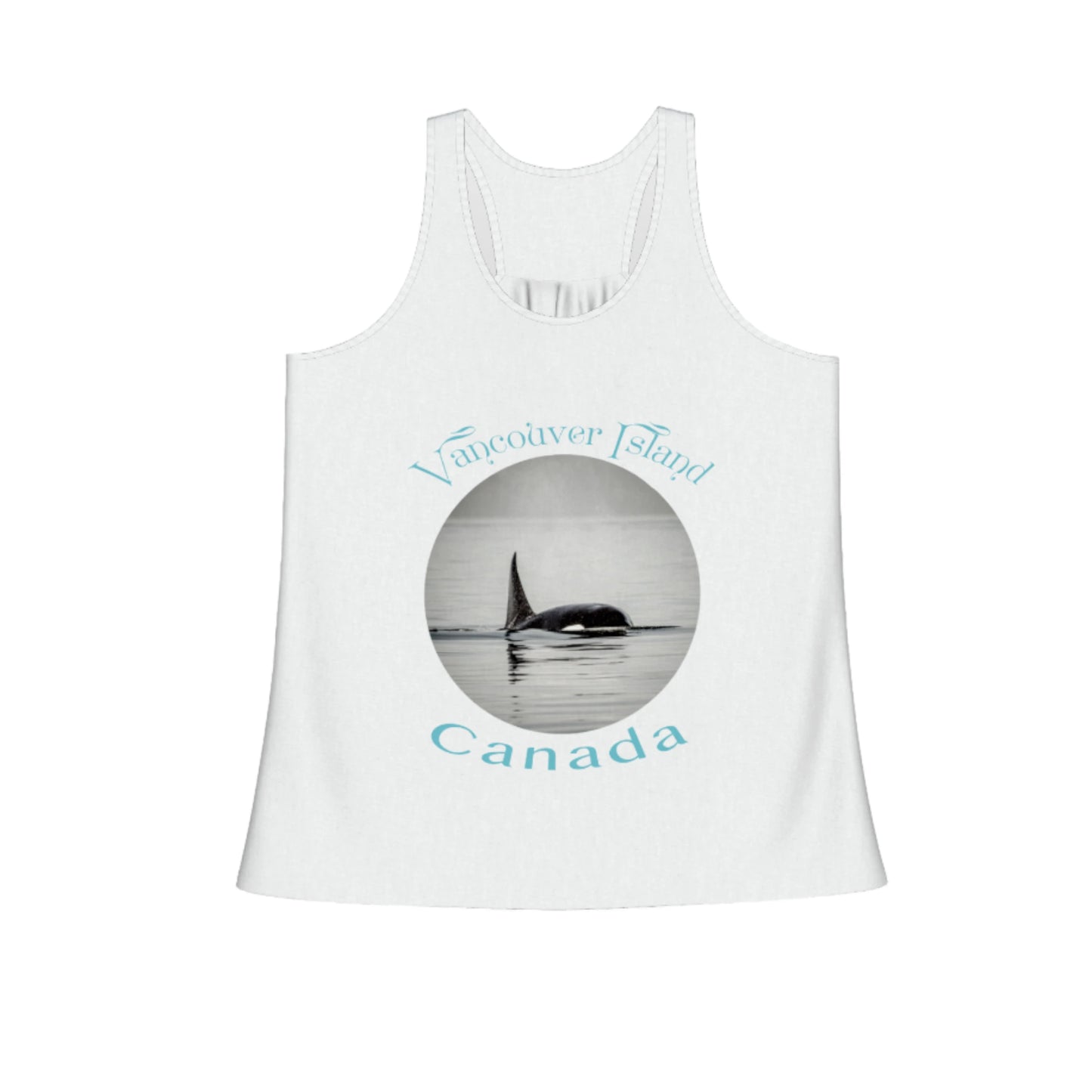 Orca Spray Vancouver Island Canada Flow Racerback Tank Top. The image on the front shows two sea lions on a abstract ocean blue background. By van isle goddess dot com