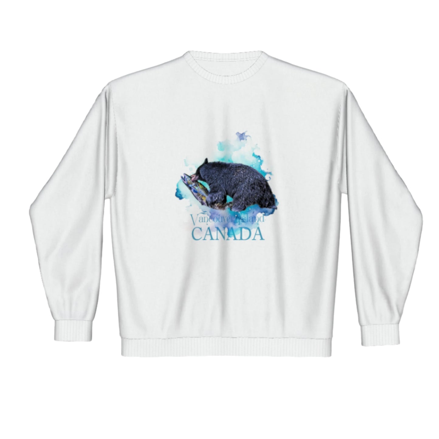 Salmon Bear VAncouver Island Canada Premium crewneck sweatshirt. The image is of a bear with a fresh caught salmon it is mouth.