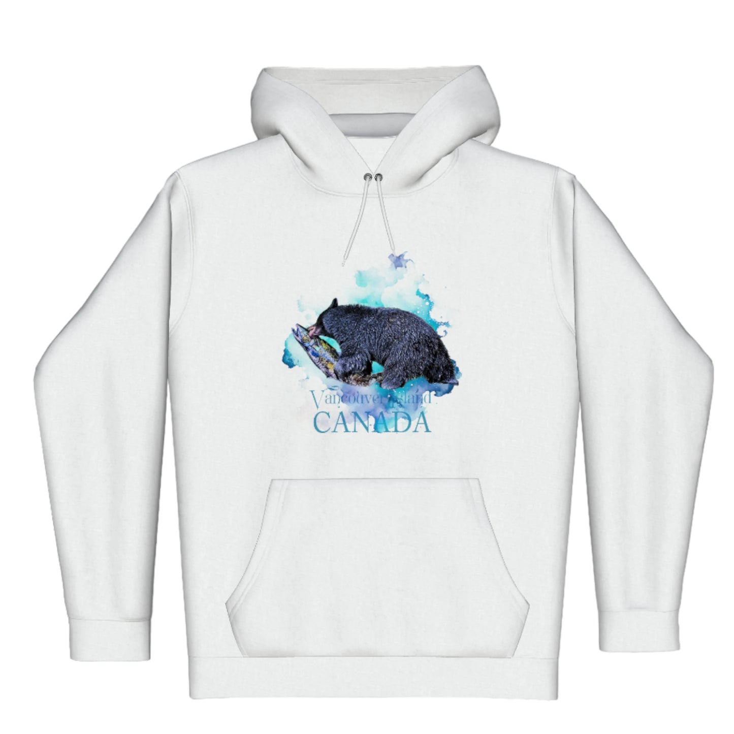 Salmon Bear Vancouver Island Canada Premium Pullover Hoodie. The image is of a bear with a fresh caught salmon in its mouth. The background is a colourful blue turquoise abstract.
