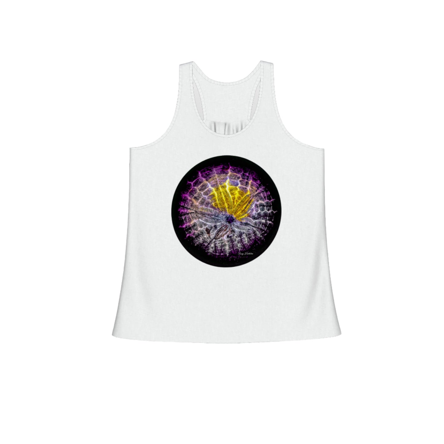 Spotlight Sand Dollar Flow racerback tank top. The image on the front is of a sand dollar. by van isle goddess dot com