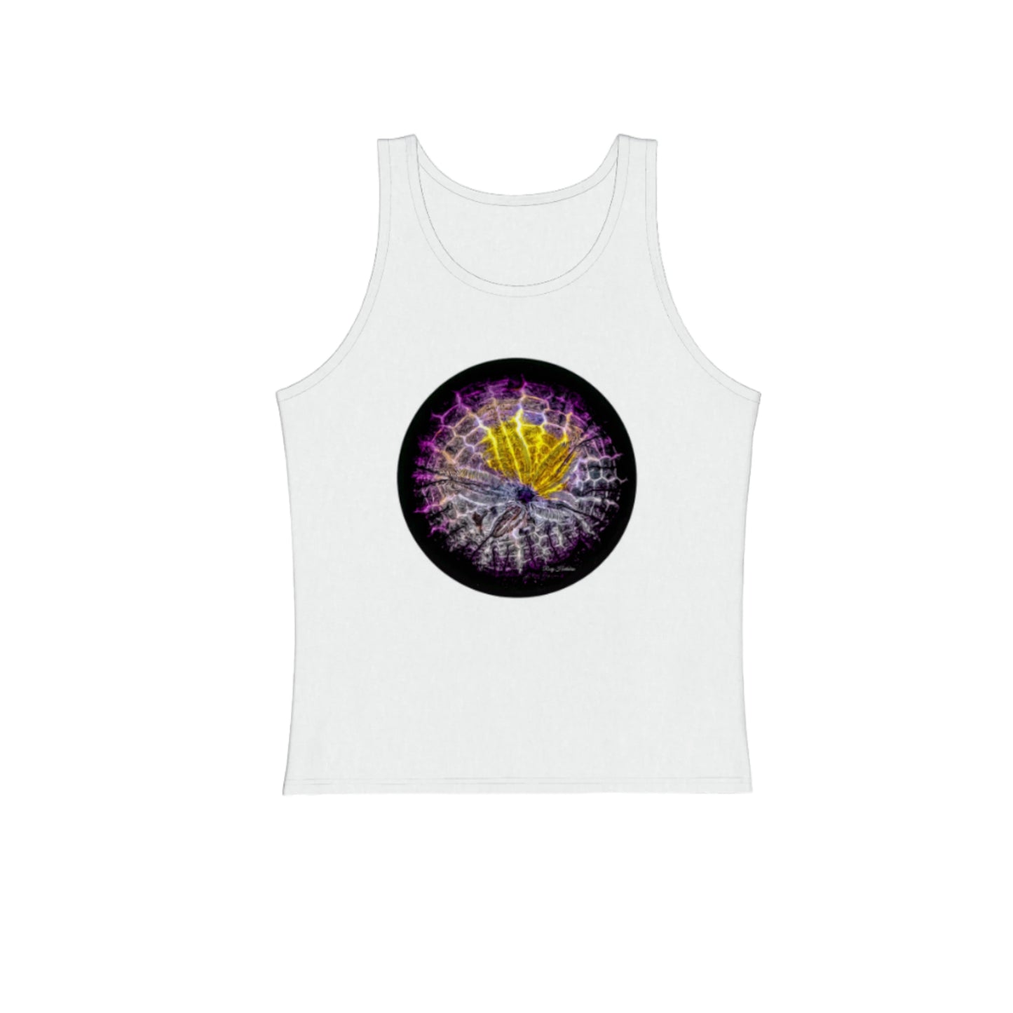Spotlight Sand Dollar Premium Unisex Tank Top in white. The image on the front of the top is of a sand dollar artwork by roxy hurtubise van isle goddess dot com