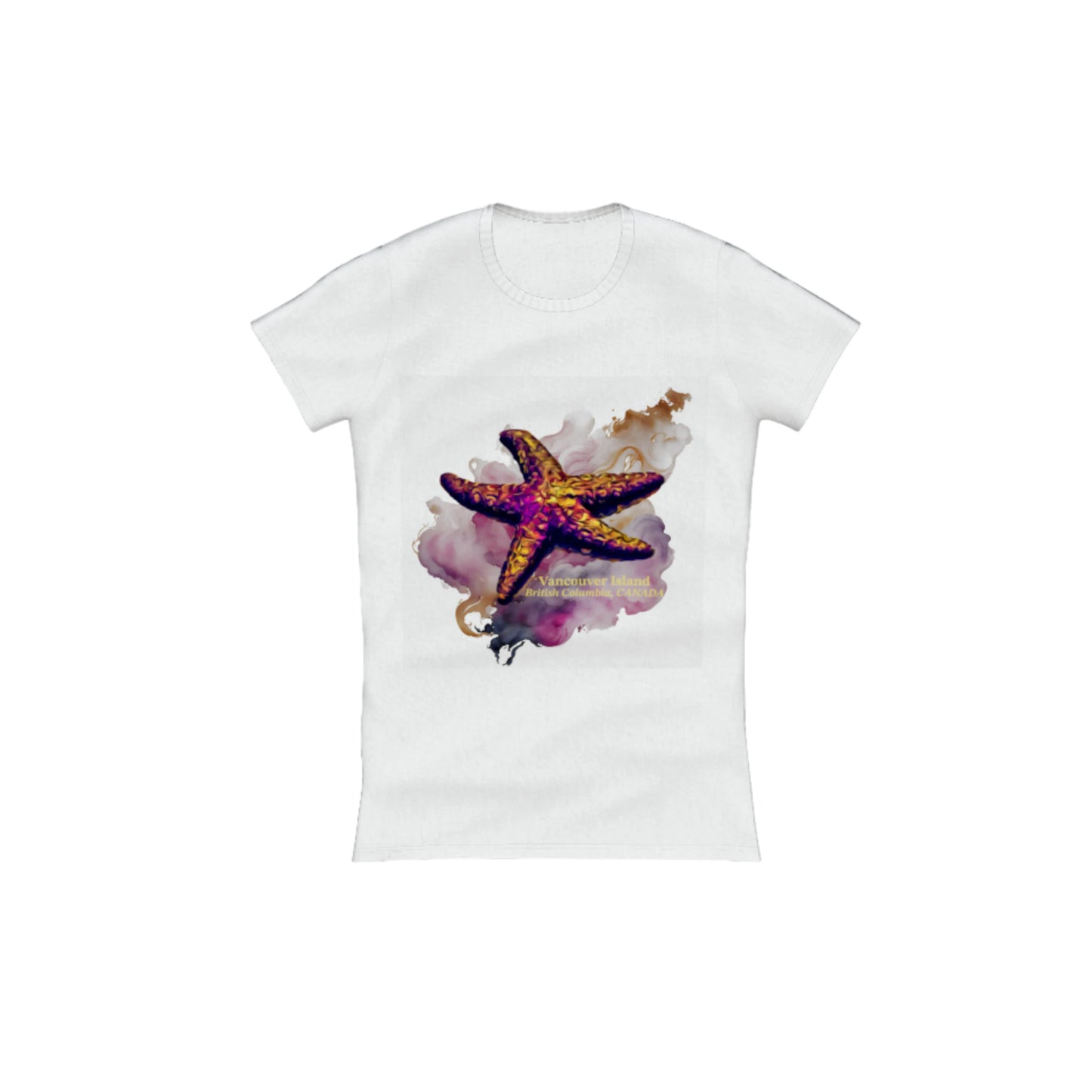 Star Track Vancouver Island BC Canada Comfort Slim Fit T-shirt. The image is of a starfish with a colourful abstract background. The words read Vancouver Island British Columbia Canada