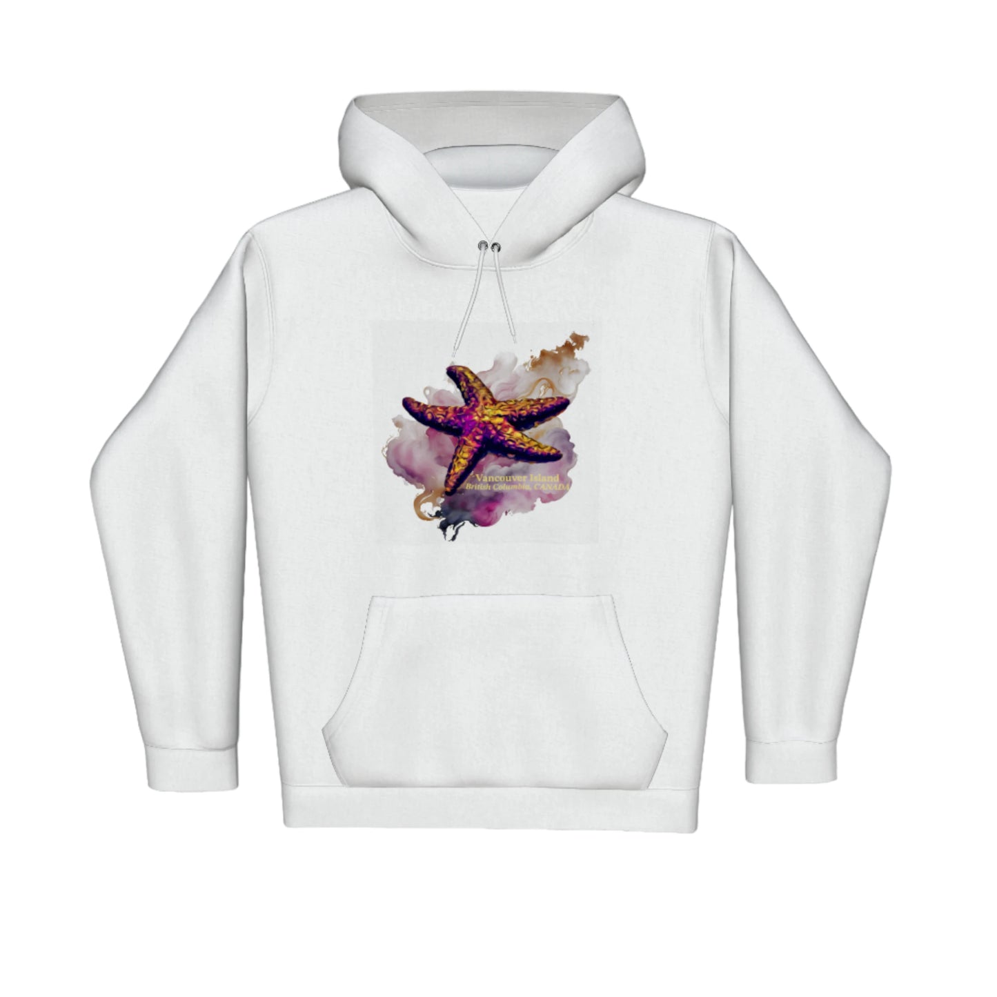 Star Track Vancouver Island BC Canada Premium Pullover Hoodie. The image is of a starfish with a colourful abstract background. The words read Vancouver Island British Columba, Canada.