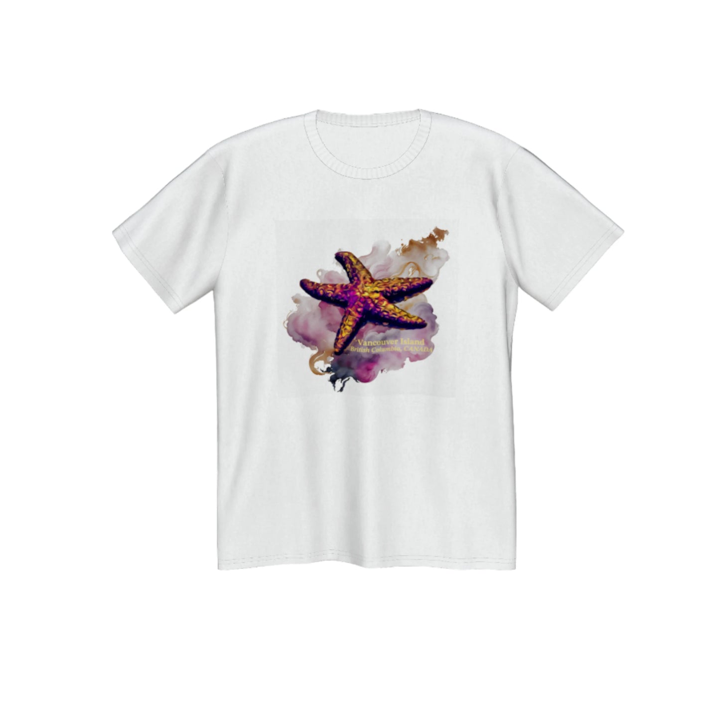 Star Track Vancouver island BC Canada premium unisex tshirt. Features a starfish on the front with a colourful abstract background. The words on the front say Vancouver Island, British Columbia, Canada. by van isle goddess dot com