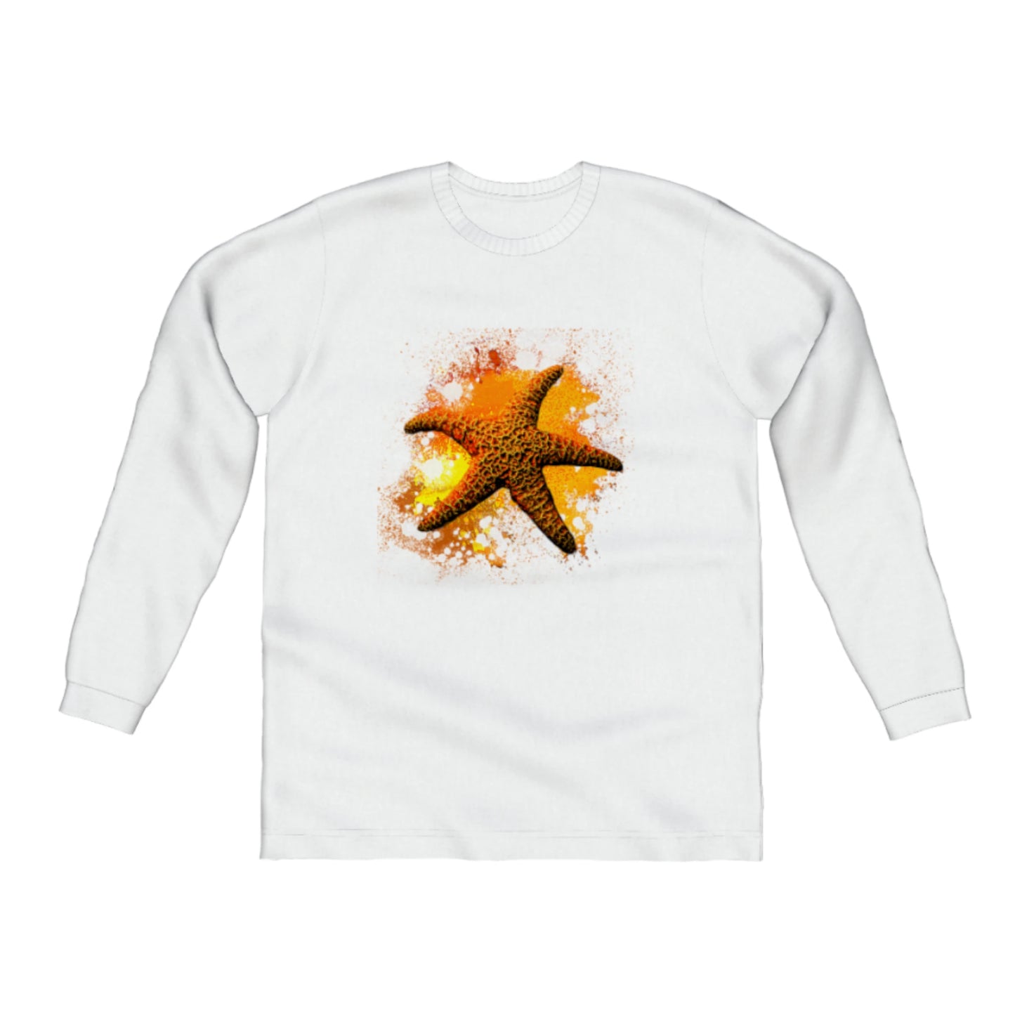 Starfish Orange Comfort Long Sleeve Unisex T-Shirt. The image on the front is of a orange starfish with a colourful abstract of orange, yellow, and red. by van isle goddess dot com