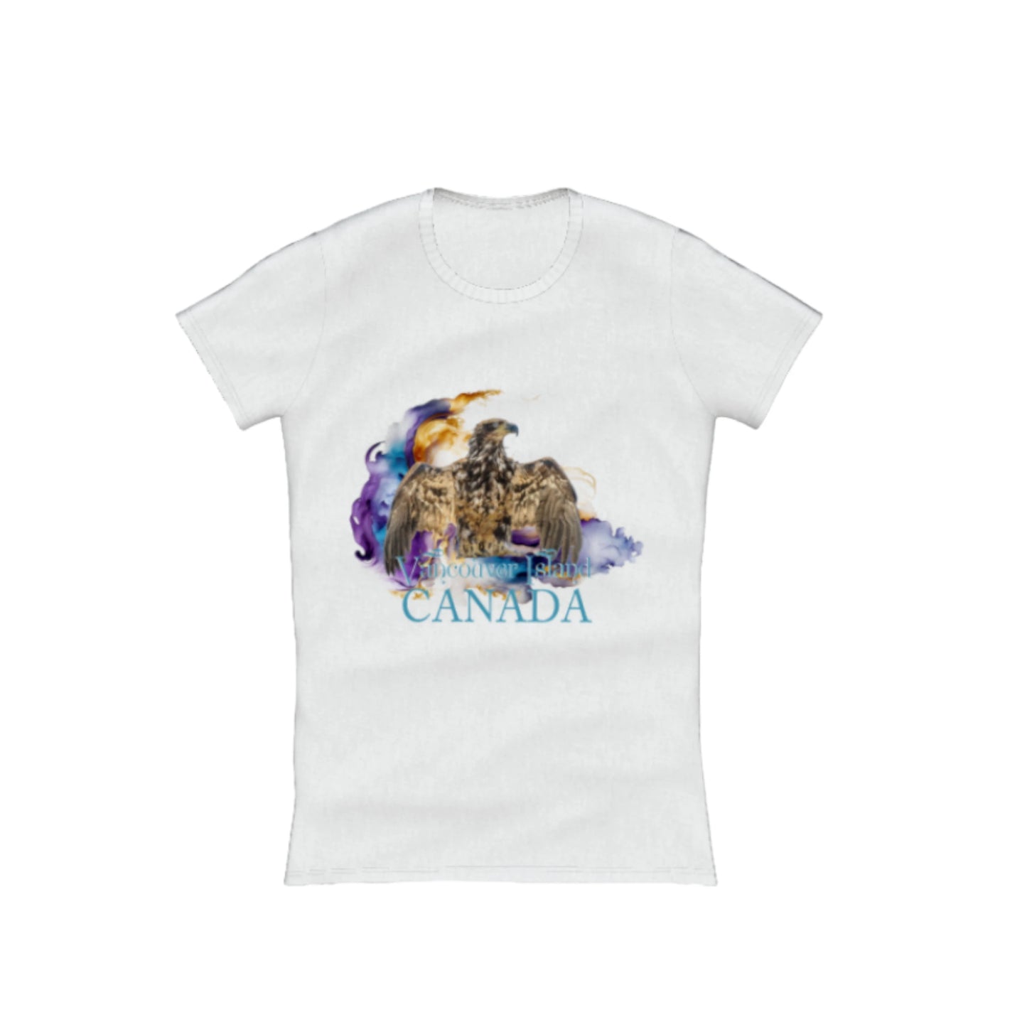 Thunderbird Vancouver Island Canada Comfort Slim Fit T-shirt. the image is of a eagle in the thunderbird position with a colourful abstract background. the words read Vancouver Island Canada