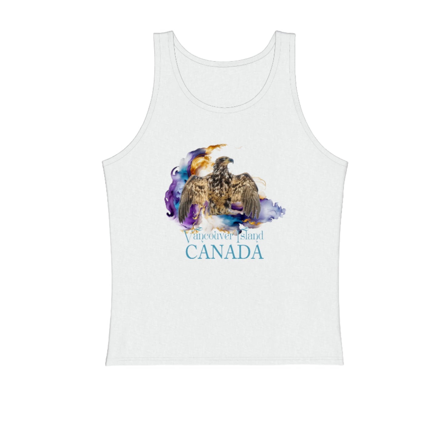 Thunderbird Eagle Vancouver Island Canada Premium Unisex tank top in white. The image on the front of the tank top is that of a eagle in a thunderbird position with a abstract of colors behind it. by van isle goddess dot com