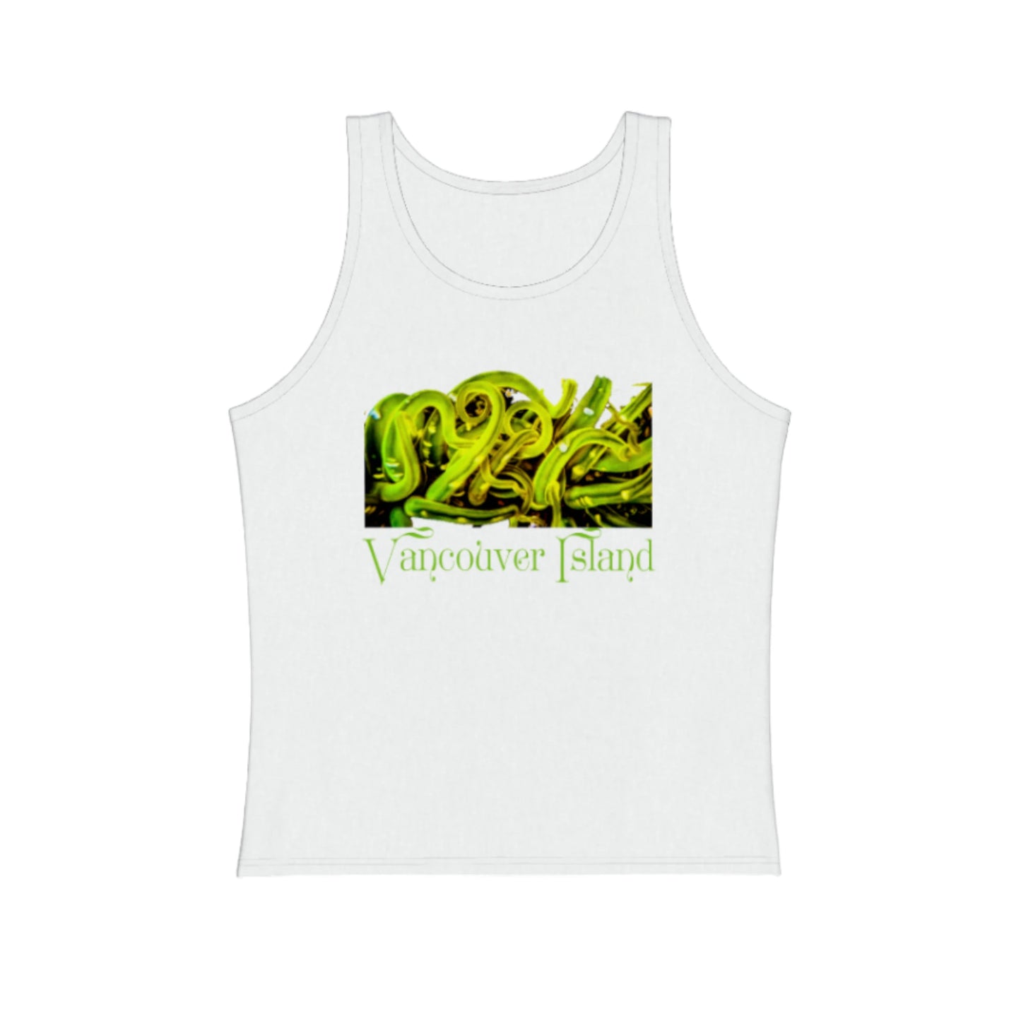 Sea Anemone Vancouver Island premium unisex tank top in white. The green sea anemone is underwater on the front of the top. by van isle goddess dot com