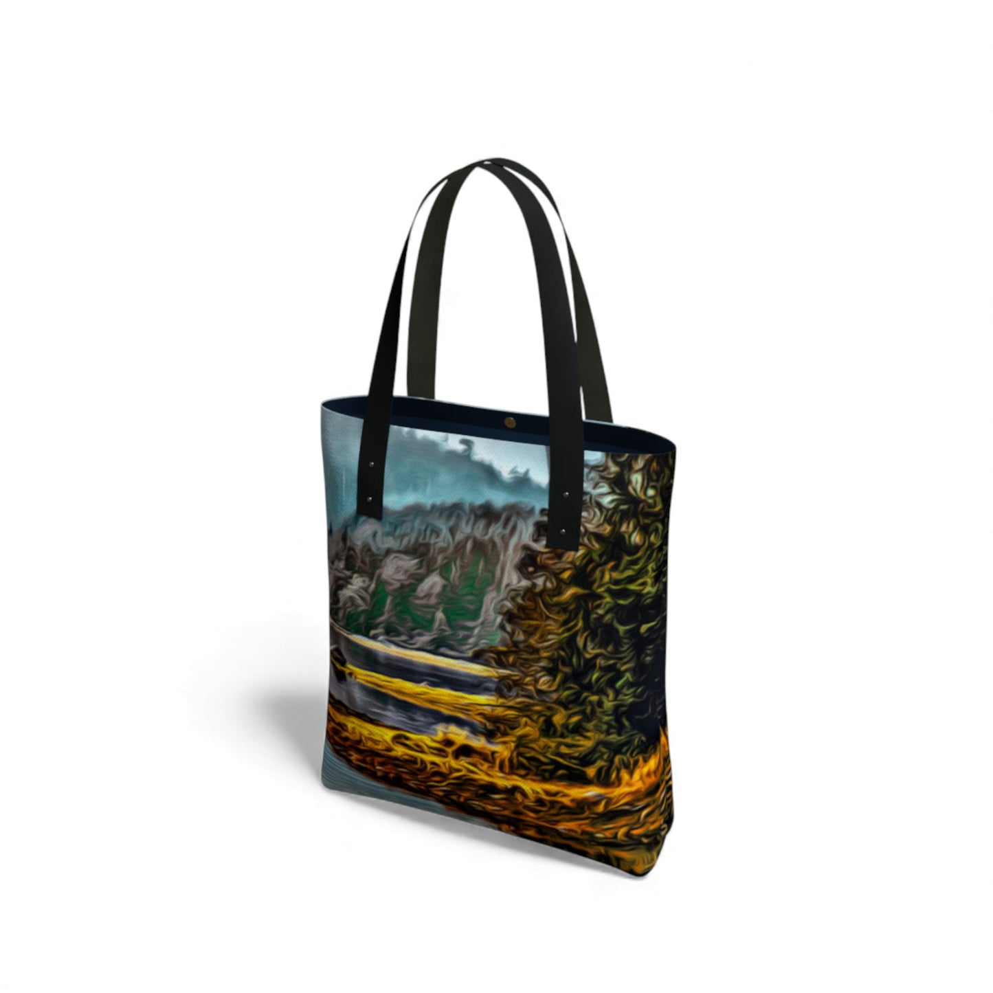 Tote bag with a scenic design of Ucluelet inlet on a white background