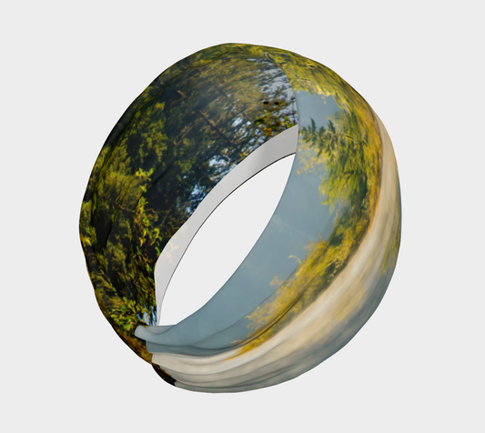 headband and or neck gaiter features an image of fairy lake on vancouver island.