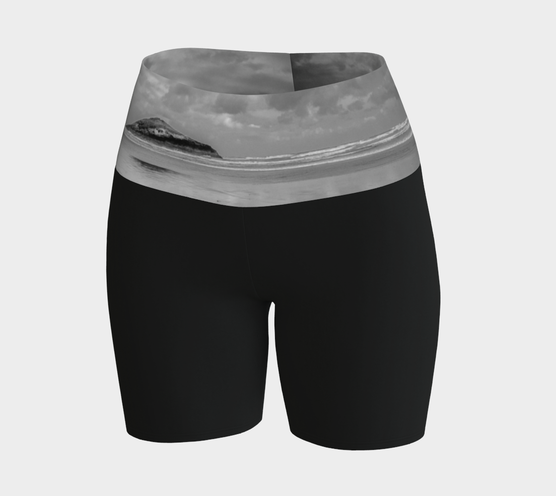 Long Beach Tofino printed waist band on the yoga shorts. The rest of the shorts are black.
