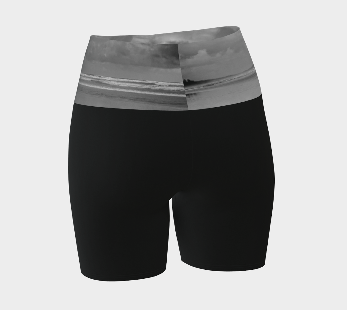 Long Beach Tofino printed waist band on the yoga shorts. The rest of the shorts are black.