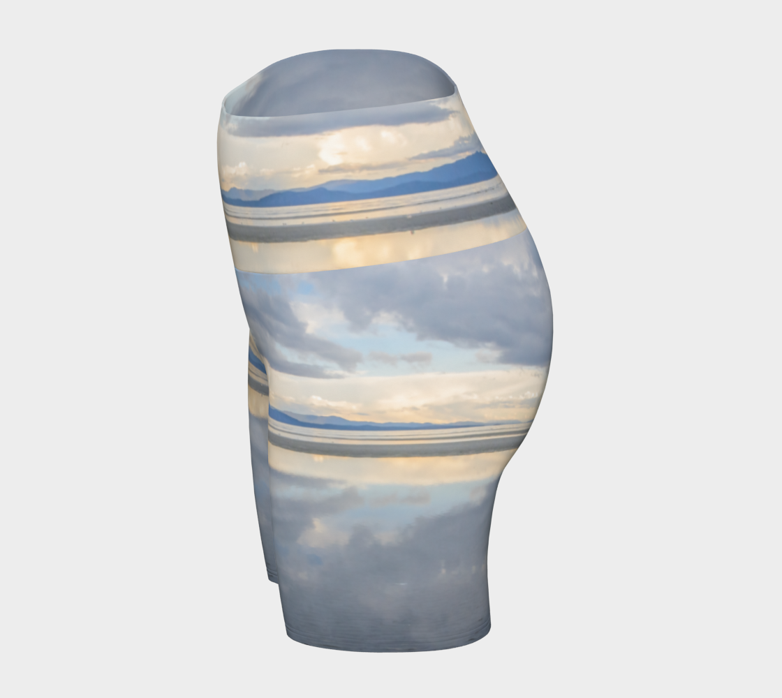 Light Language Parksville Beach yoga shorts. All over printed with an image of the sunrise in the early summer morning on the beach. The view is of the islands across from Vancouver island.