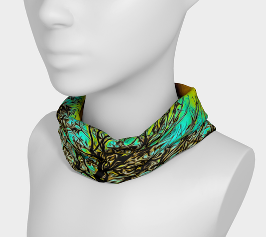 Island Tree of Life Headband Neck gaiter features a image of a tree with the sunsetting behind it