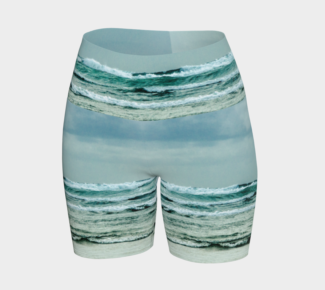 This all over printed Ocean Calling Tofino yoga shorts features an image of the waves at Long Beach Tofino.