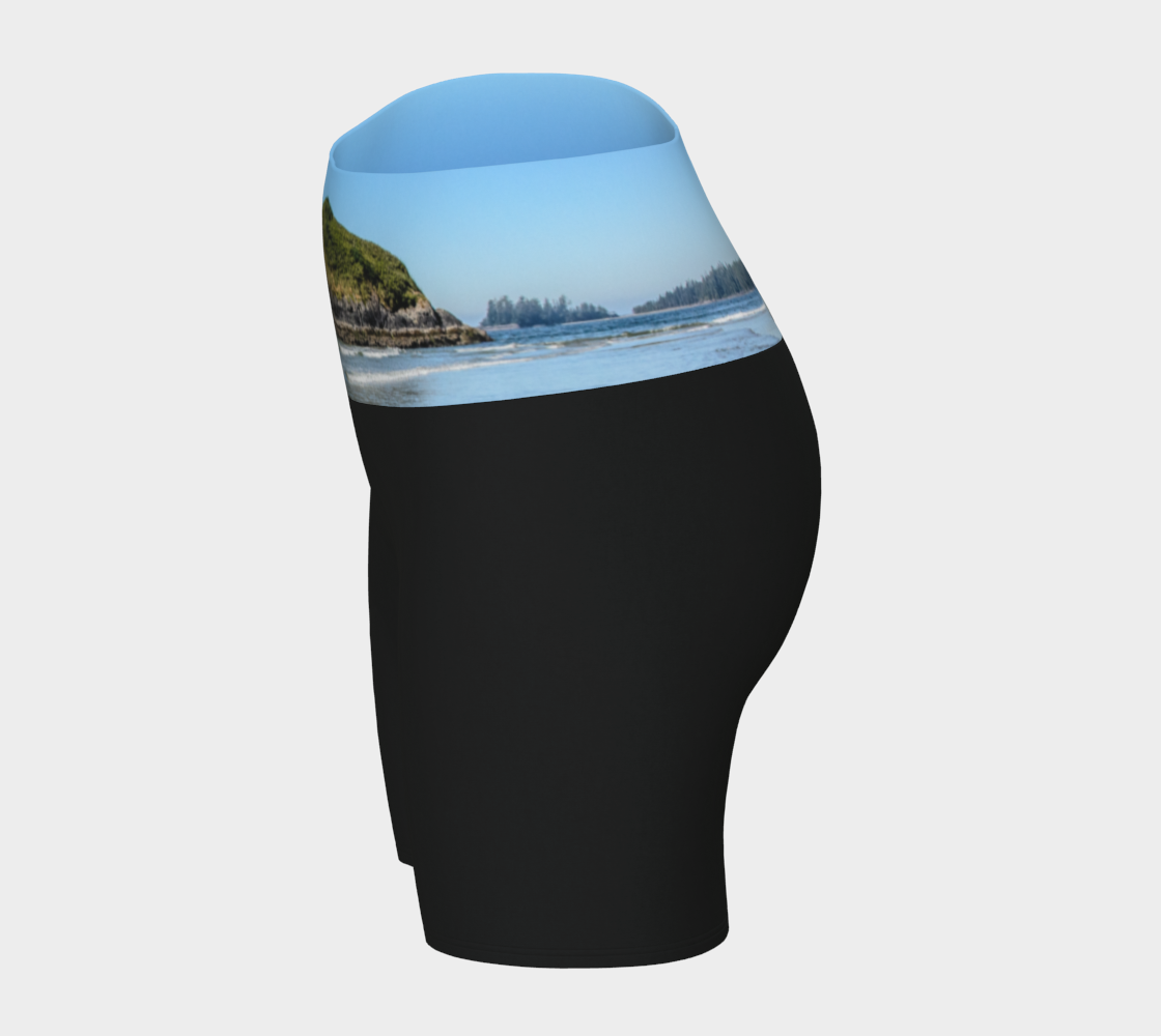Lovekin rock long beach tofino image is printed on the waist band of the yoga shorts. The rest of the shorts is black.