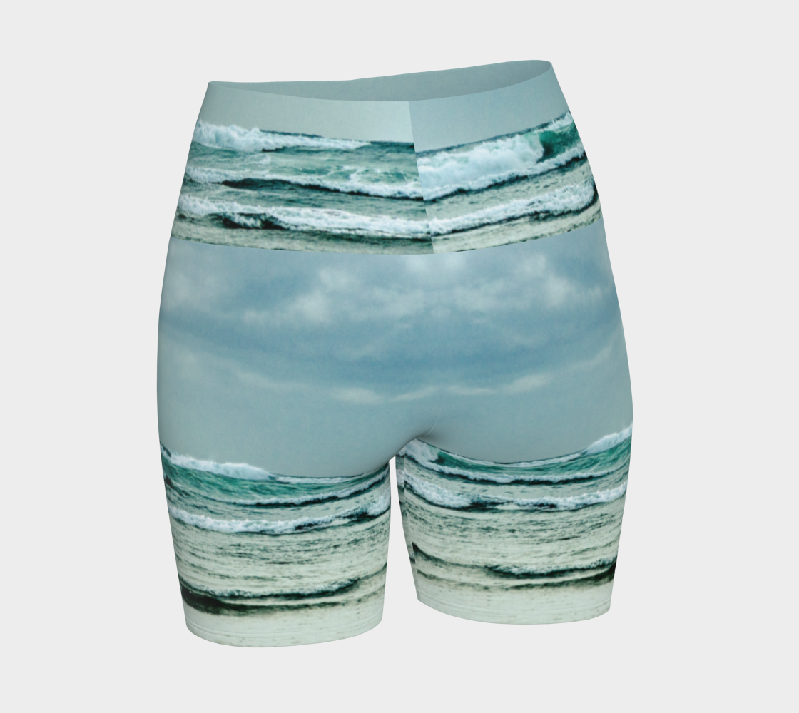 This all over printed Ocean Calling Tofino yoga shorts features an image of the waves at Long Beach Tofino.
