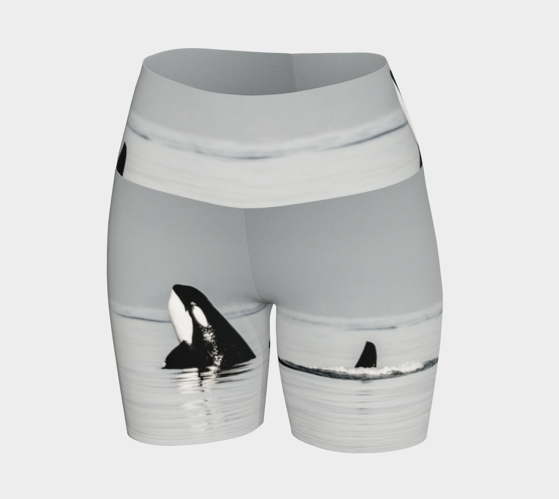 Orca Spy Hop Yoga Shorts is all over printed with a image of a orca in the spy hop position which is where they hover out of the water to look around.