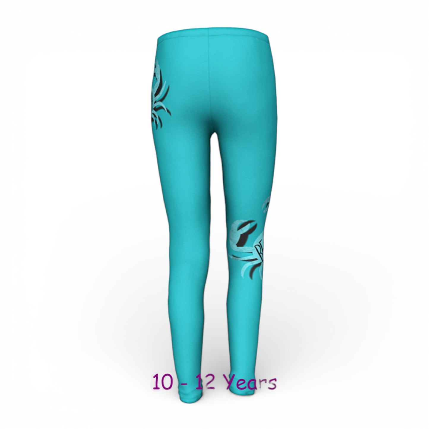 Turquoise leggings with black designs on a white background