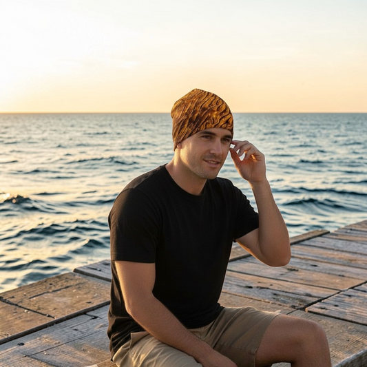 Van Isle Goddess Golden Sand Beanie with bamboo lining, polyester-spandex blend, slouchy fit, and unique photography print.