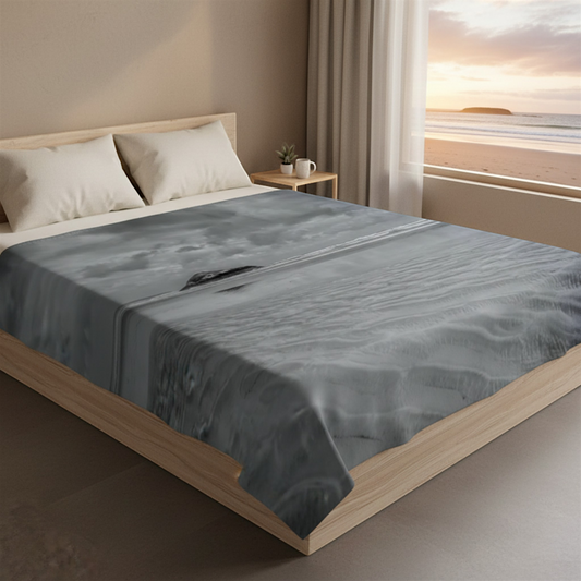 Van Isle Goddess Long Beach Tofino Coastal Blanket, grey minky fabric with Lovekin Rock photography, perfect for home or travel.