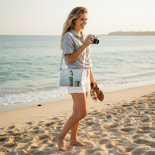 Van Isle Goddess Blue Heron Perch vegan leather crossbody purse with adjustable strap and metal hardware.