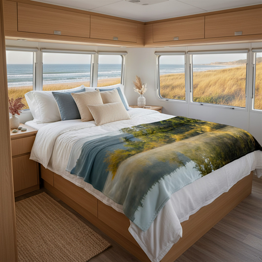 Van Isle Goddess Autumn Sunrise Fairy Lake Coastal Blanket, featuring a misty lake and forest scene with golden light.